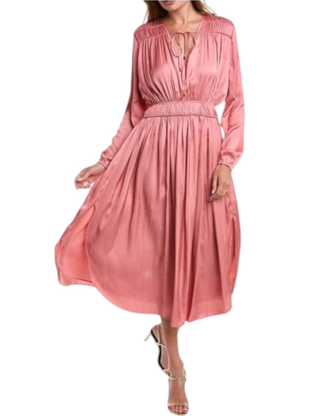 Elie Tahari NWT Sorbet Pink Shirred Maxi Dress Satin Smocked V-Neck Sz 12-14 (M)